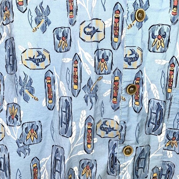 OP Sport Tiki Print Shirt Mens Size Large L Vintage Button Up Pure Cotton Blue - Picture 6 of 11